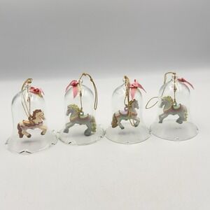 Vintage Set of 4 Clear Glass Bells‎ with Carousel Horses Ornament Ruffled Edges